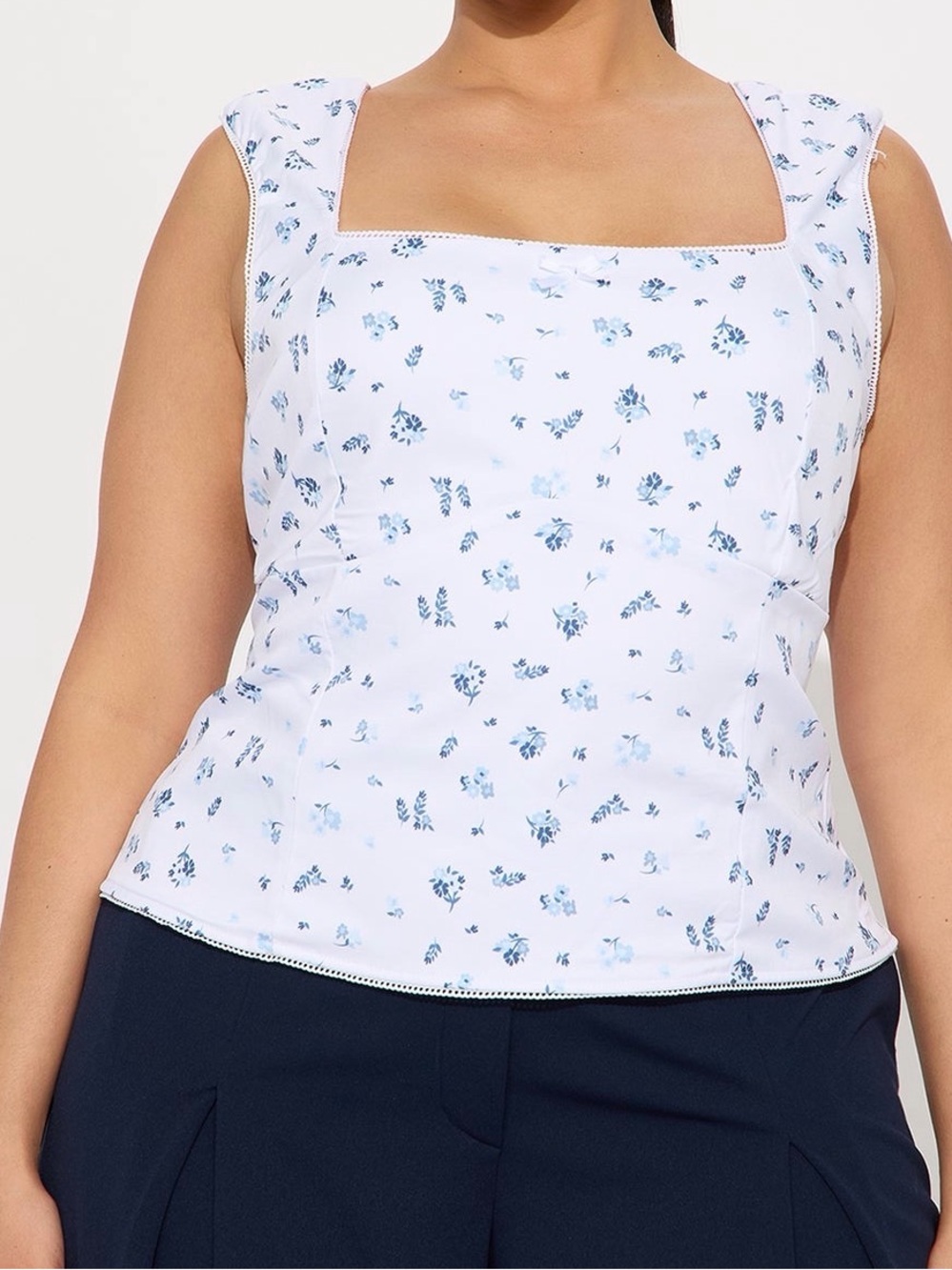 Square Neck Floral Tank Top in White and Light Blue